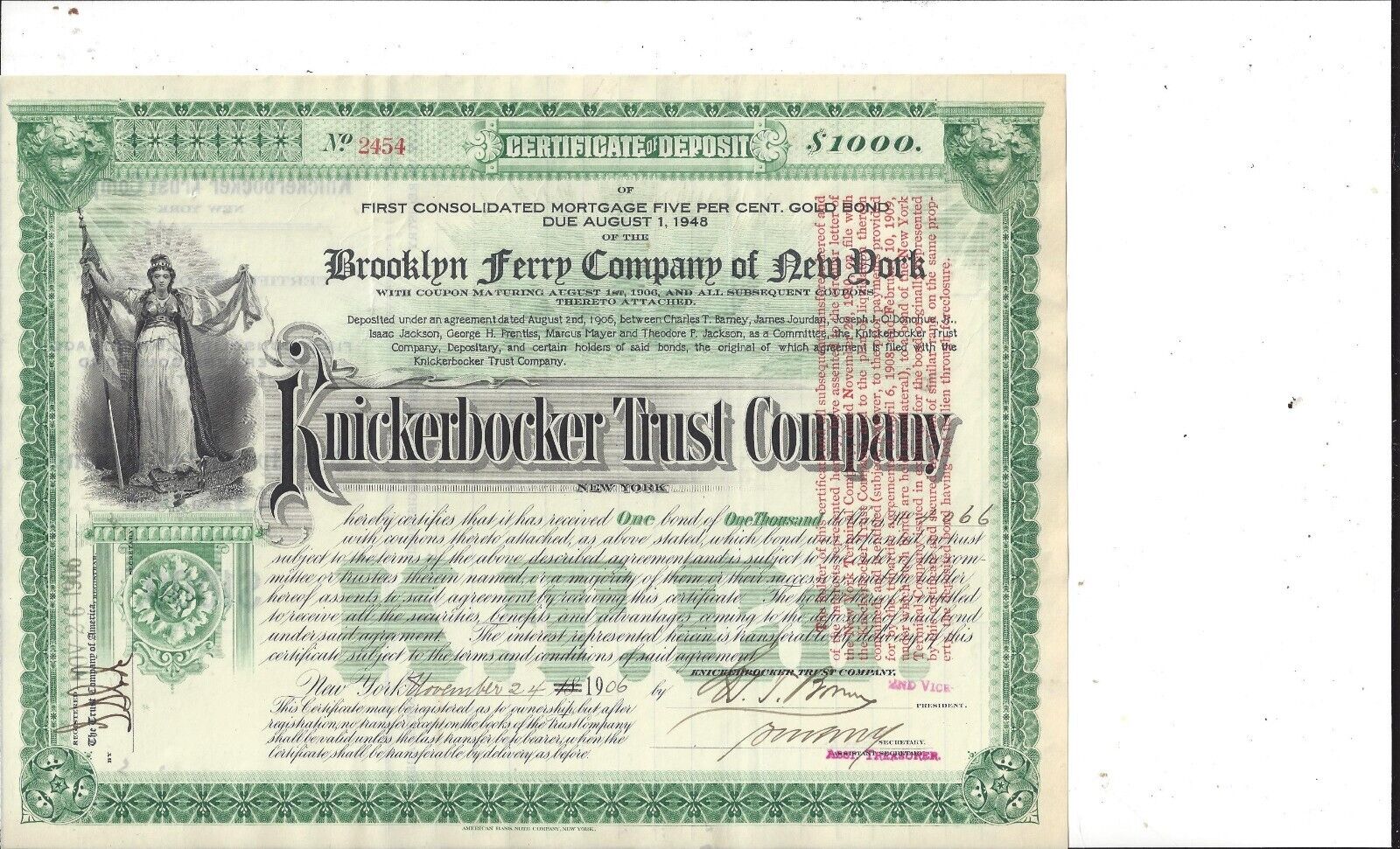 Knickerbocker Trust Company...brooklyn Ferry Co...1906 Certificate Of Deposit