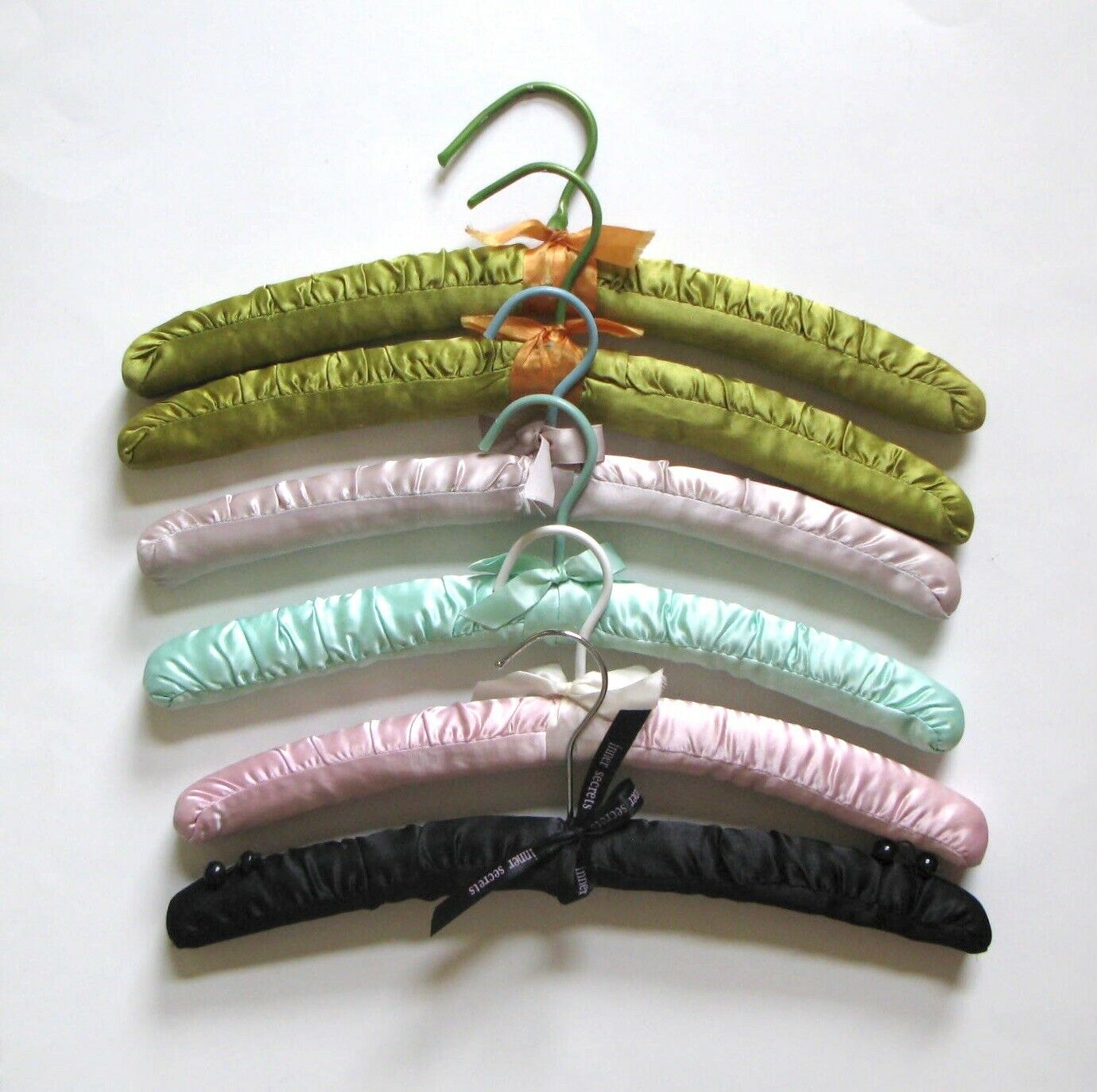 Lot Of 6 Satin Padded Clothes Hangers, 15 1/2” – 16 1/2”, Asst. Colors