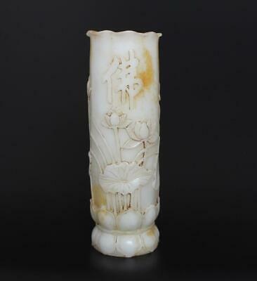 Perfect Antique Chinese White Jade Brush Pot With Louts Flower-23.5cm
