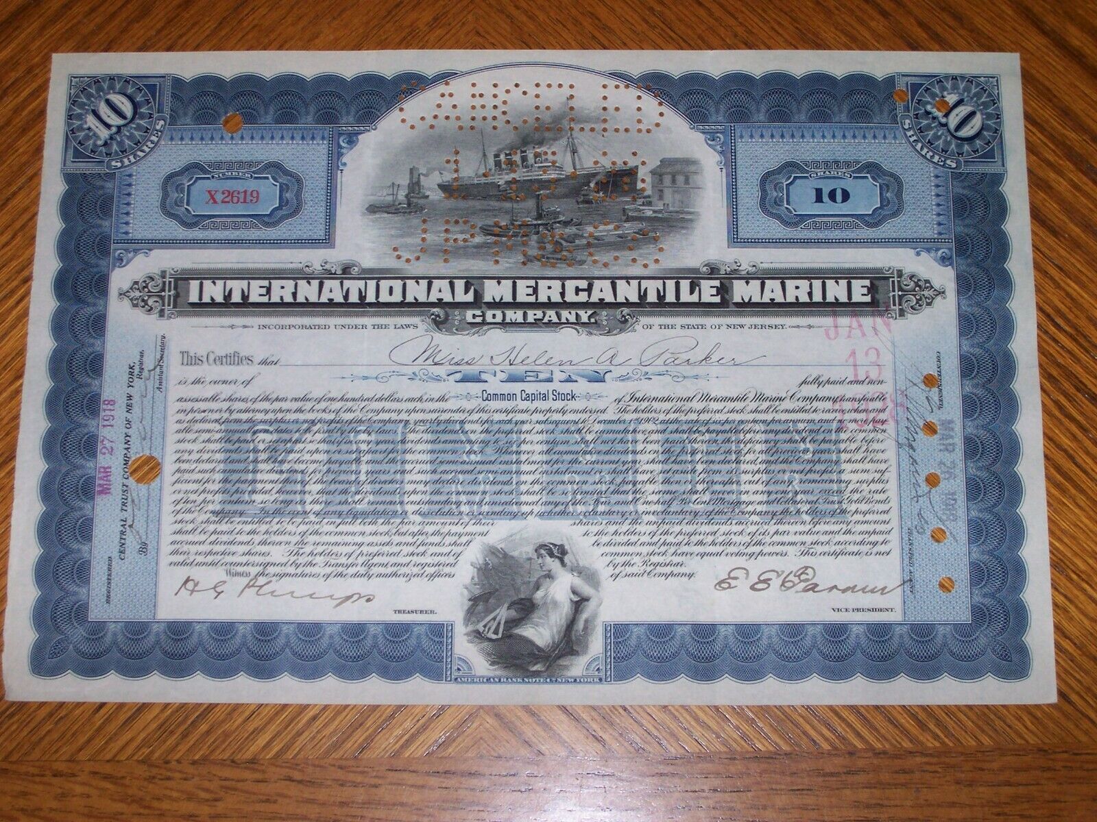 Intrnational Mercantile Marine Shipping Co Stock Certificate Issued 1918 Blue