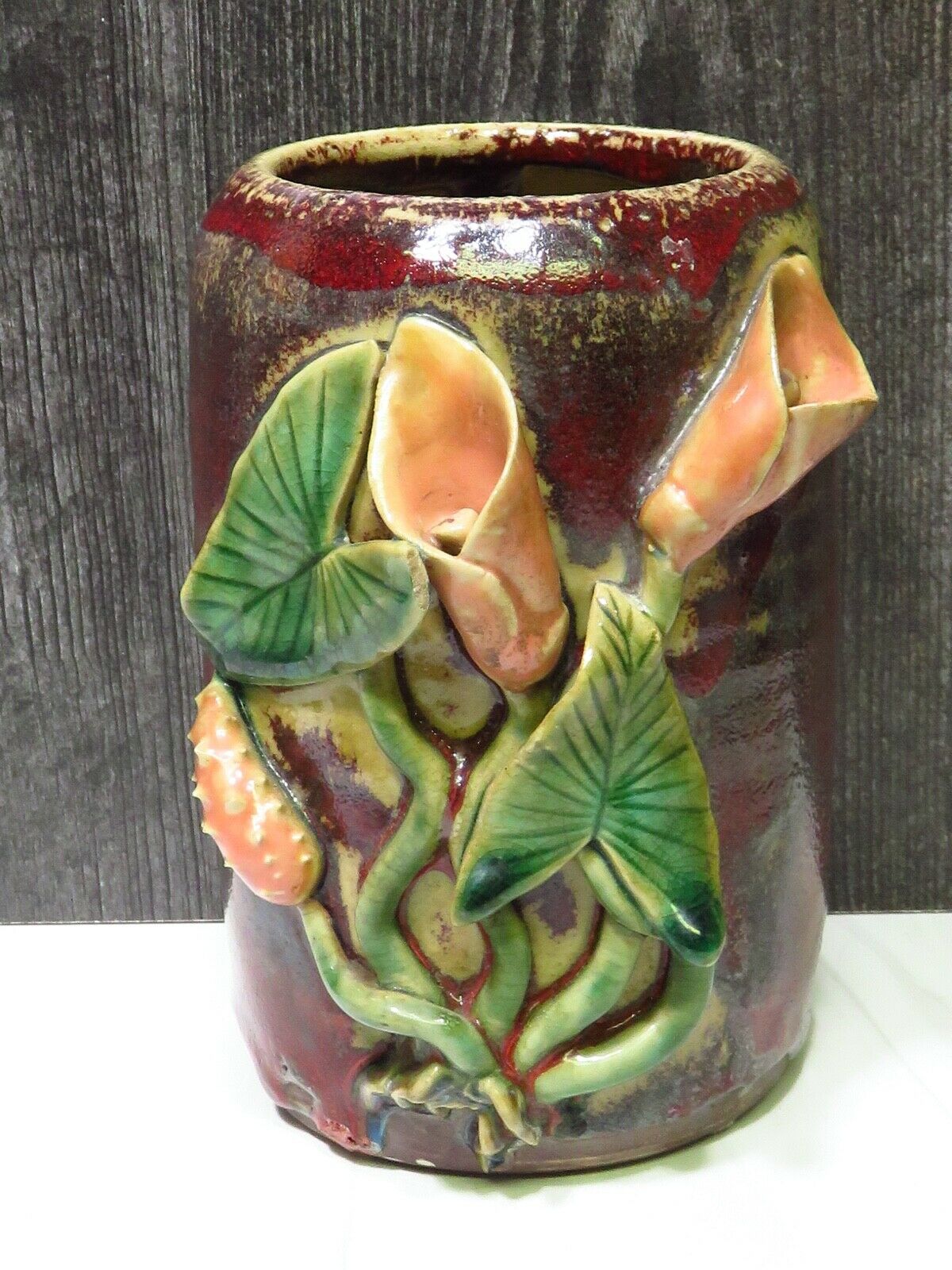 Antique Chinese Majolica Pottery Brush Pot Vase Calla Water Lily 6"